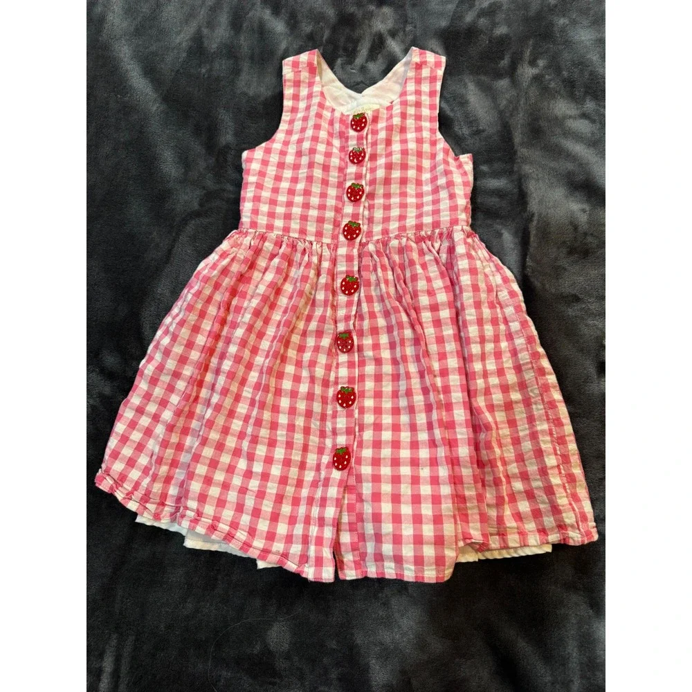 Cynthia Rowley Girls Pink Gingham Strawberry Dress Embroidered Buttons Size 6